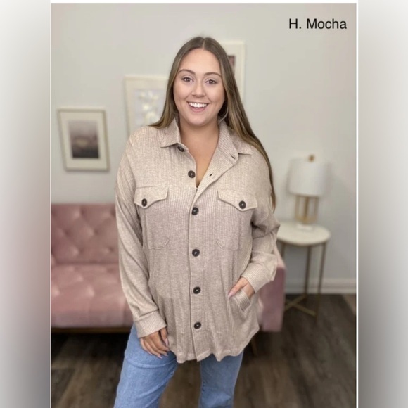 Zenana Outfitters Sweaters - Zenana Pumpkin Spice and Everything Nice Shacket Mocha Brown Pockets Plus 3X
